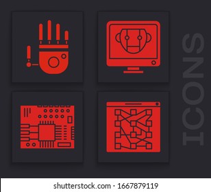 Ajuste Tecnología global o red social, Mano mecánica de robots, Icono de la placa de circuito impreso y bot PCB. Vector