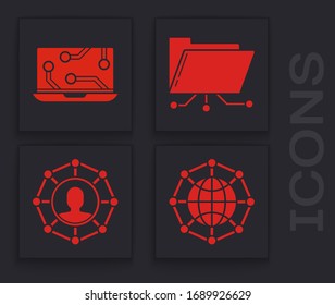 Set Global technology or social network, Laptop, Folder and lock and Project team base icon. Vector
