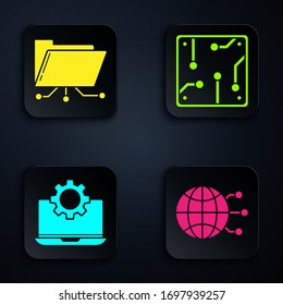 Establezca la tecnología global o red social, Carpeta y bloqueo, Portátil y equipo y procesador. Botón cuadrado negro. Vector