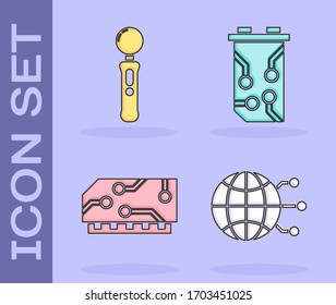 Set Global technology or social network, Gamepad, RAM, random access memory and Video graphic card icon. Vector