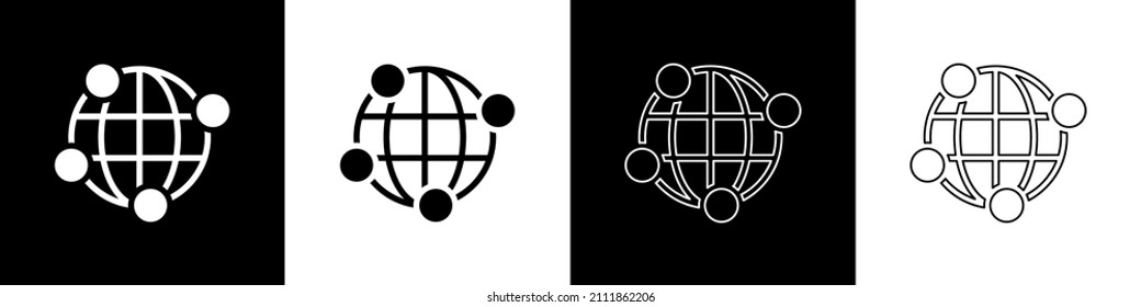 Establezca la tecnología global o el icono de la red social aislados en el fondo blanco y negro.  Vector