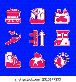Set Global warming, Deforestation, Nuclear power plant, Wastewater, Sprout hand, Wrecked oil tanker ship and Coal train wagon icon. Vector