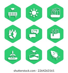 Set Global warming, Drought, Dead fish, Rise water level, Wind turbine, fire, Glacier melting and Solar energy panel icon. Vector