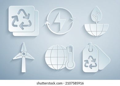 Set Global warming, Earth globe and plant, Wind turbine, Tag with recycle, Lightning bolt and Recycle icon. Vector