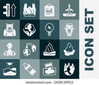 Set Global warming fire, Glacier melting, Face protective mask, Hand holding Earth globe, Polar bear head,  and Light bulb with leaf icon. Vector