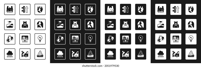 Set Global warming fire, Polar bear head, Drought, Say no to plastic bags poster, Light bulb with leaf and Gas pump nozzle and globe icon. Vector