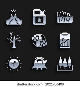 Set Global warming fire, Tree stump, Forest, Sun, Withered tree, Glacier melting and Volcano eruption with lava icon. Vector
