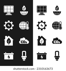 Set Global warming, Gear and lightning, Solar energy panel, Earth globe plant, Eco friendly house, CO2 emissions cloud, LED bulb and Car battery icon. Vector