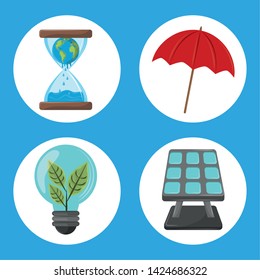 set of global warming icons globe hour glass umbrella plant light bulb solar panel round icon cartoon vector illustration graphic design