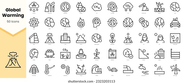 Conjunto de íconos del calentamiento global. Paquete de iconos de estilo de arte de línea simple. Ilustración del vector