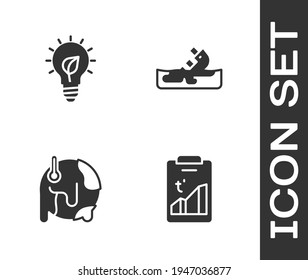 Set Global warming, Light bulb with leaf,  and Wrecked oil tanker ship icon. Vector