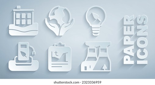 Set Global warming, Light bulb with leaf, Petrol or gas station, Nuclear power plant, Hand holding Earth globe and House flood icon. Vector