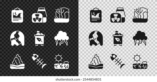 Definir aquecimento global, usina nuclear, derretimento de geleiras, iceberg, peixes mortos, seca e lixeira com ícone de reciclagem. Vetor