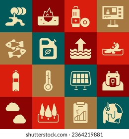 Set Global warming, Polar bear head, Wrecked oil tanker ship, Battery, Bio fuel canister, Dead fish, Barrel leak and Rise water level icon. Vector