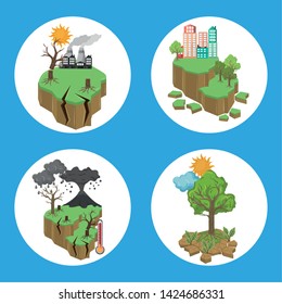 set of global warming and pollution icons industrial factories volcano erupting trees round icon cartoon vector illustration graphic design