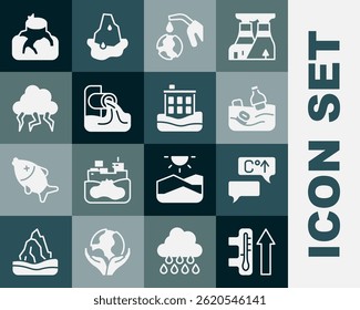 Set Global warming, Problem pollution of the ocean, Gas pump nozzle and globe, Wastewater, Storm, Deforestation and House flood icon. Vector