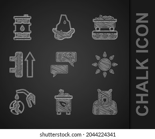 Calentamiento Global, Papelera de reciclaje con reciclador, cabeza de oso polar, sol, boquilla de bomba de gas y globo, vagón de tren de carbón e ícono de aceite de barril. Vector