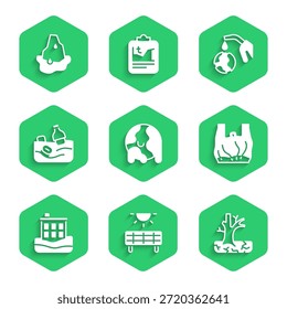Conjunto de calentamiento global, panel de energía solar, árbol marchito, diga no a las bolsas de plástico, póster, inundación de la casa, problema de contaminación del océano, boquilla de la bomba de gas y globo e icono de fusión de glaciares. Vector