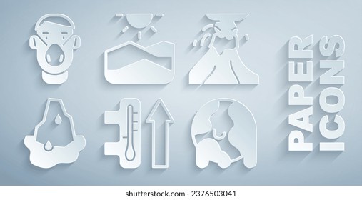 Set Global warming, Volcano eruption with lava, Glacier melting, Drought and Face protective mask icon. Vector