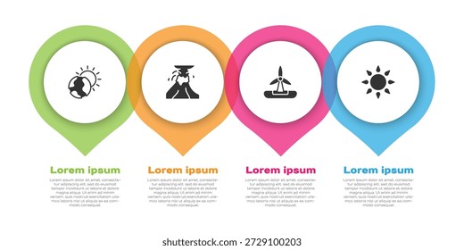 Set Global warming, Volcano eruption with lava, Wind turbine and Sun. Business infographic template. Vector