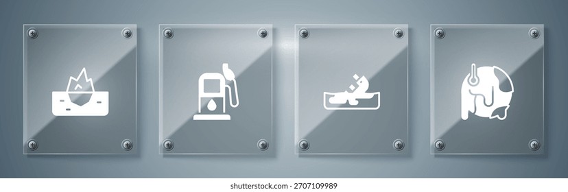 Set Calentamiento global, naufragio de barco petrolero, gasolinera o gasolinera e Iceberg. Paneles de vidrio cuadrados. Vector