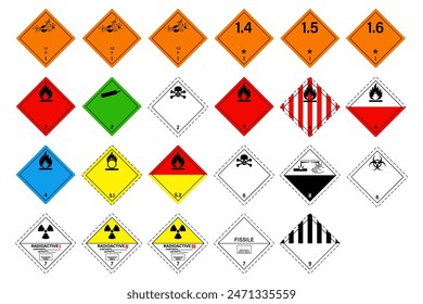 set of globally harmonized system hazard pictograms. Warning symbol GHS hazardous vector. Explosive, Gases, Flammable liquids and solids, GHS and Non ghs transport.