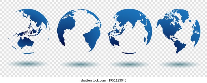 Conjunto de globos geopolíticos 3D extruidos aislados en fondo blanco con sombra y color azul