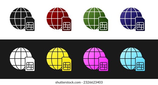 Set Globe 5G Sim Card icon isolated on black and white background. Mobile and wireless communication technologies. Network chip electronic connection.  Vector