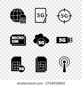 Set Globe 5G Sim Card, tableta gráfica con, red, tarjeta, antena, micro e icono de la nube. Vector