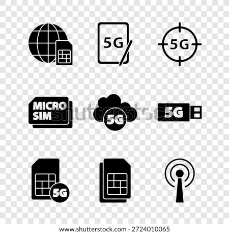 Set Globe 5G Sim Card, Graphic tablet with, network, card, Antenna, Micro and Cloud icon. Vector