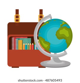 set globe and bag school icons design