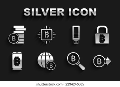 Set Globe Bitcoin, Lock with bitcoin, Magnifying glass, Mining from mobile, USB flash drive,  and CPU mining farm icon. Vector