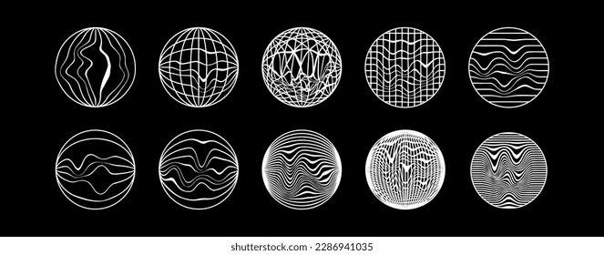 Set of globe circle element, grids, polar grid, geometry, gravity visualization. Pack of cyberpunk 80's, style design. Vector illustration