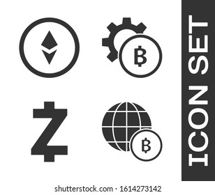 Set Globe and cryptocurrency coin Bitcoin, Cryptocurrency coin Ethereum ETH, Cryptocurrency coin Zcash ZEC and Cryptocurrency coin Bitcoin icon. Vector