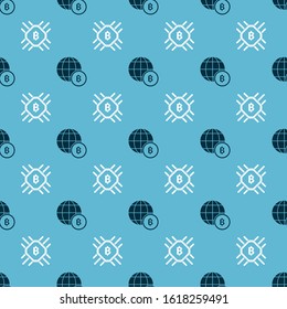 Set Globe and cryptocurrency coin Bitcoin and CPU mining farm on seamless pattern. Vector