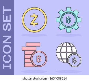 Set Globe and cryptocurrency coin Bitcoin, Cryptocurrency coin Zcash ZEC, Cryptocurrency coin Bitcoin and Cryptocurrency coin Bitcoin icon. Vector