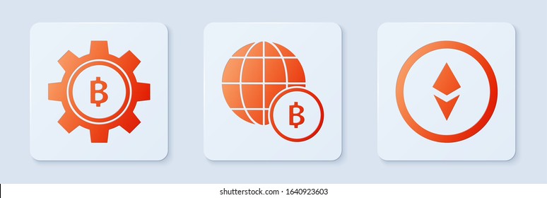 Set Globe and cryptocurrency coin Bitcoin, Cryptocurrency coin Bitcoin and Cryptocurrency coin Ethereum ETH. White square button. Vector