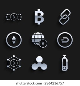 Set Globe and cryptocurrency coin Bitcoin, Cryptocurrency Ripple XRP, USB flash drive, Dash, Blockchain technology, Ethereum ETH, Chain link and bitcoin circle with microchip circuit icon. Vector