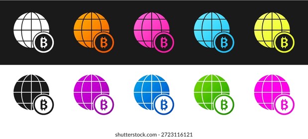 Conjunto Globo y moneda de criptomoneda Icono de Bitcoin aislado en fondo blanco y negro. Moneda de bit física. Moneda criptográfica segura basada en blockchain.  Vector