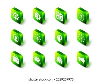 Set Globe of the Earth and gear, Calculator, Shield with dollar, Dollar, share, network, Megaphone, Human head question mark, Laptop graph chart and Briefcase money icon. Vector