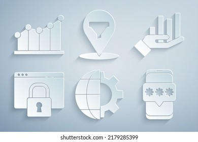 Set Globe of the Earth and gear, Pie chart infographic, Secure your site with HTTPS, SSL, Mobile password, Location sales funnel and  icon. Vector