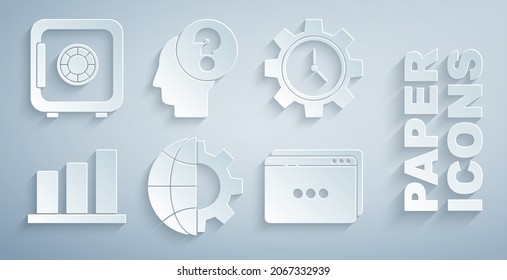 Set Globe of the Earth and gear, Time Management, Pie chart infographic, Website template, Human head with question mark and Safe icon. Vector