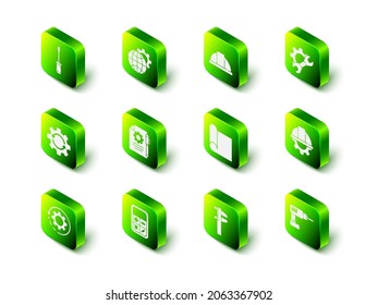 Set Globe of the Earth and gear, Worker safety helmet, Wrench spanner, Electric drill machine, Graphing paper for engineering, Calliper caliper scale and Calculator icon. Vector