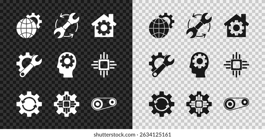 Set Globe of the Earth and gear, Wrench arrows as workflow, House with, Gear, Processor, Timing belt kit, spanner and Human head inside icon. Vector