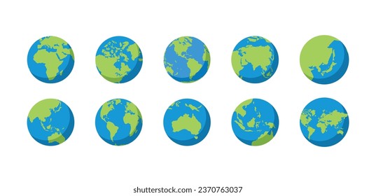 Set globe earth isolated on white background. Flat Earth Planet icon. Vector illustration.