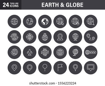Set of Globe and earth planet web icons in line style. Navigational Equipment, Planet Earth, Airplane, Map. Vector illustration.