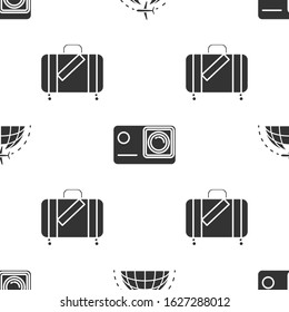 Set Globe with flying plane, Action extreme camera and Suitcase for travel and stickers on seamless pattern. Vector