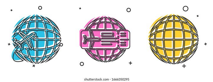Establecer Globe con avión volador, billete de avión y icono del globo terrestre. Vector
