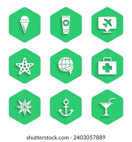 Set Globe with flying plane, Anchor, Martini glass, First aid kit, Wind rose, Starfish, Speech bubble airplane and Ice cream waffle cone icon. Vector