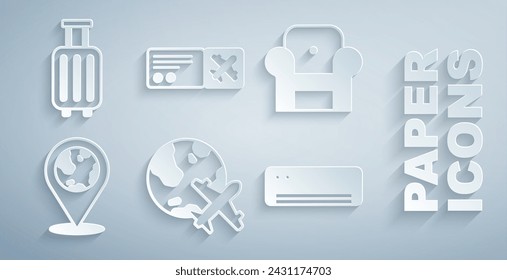 Set Globe with flying plane, Armchair, Location on the globe, Air conditioner, Airline ticket and Suitcase icon. Vector